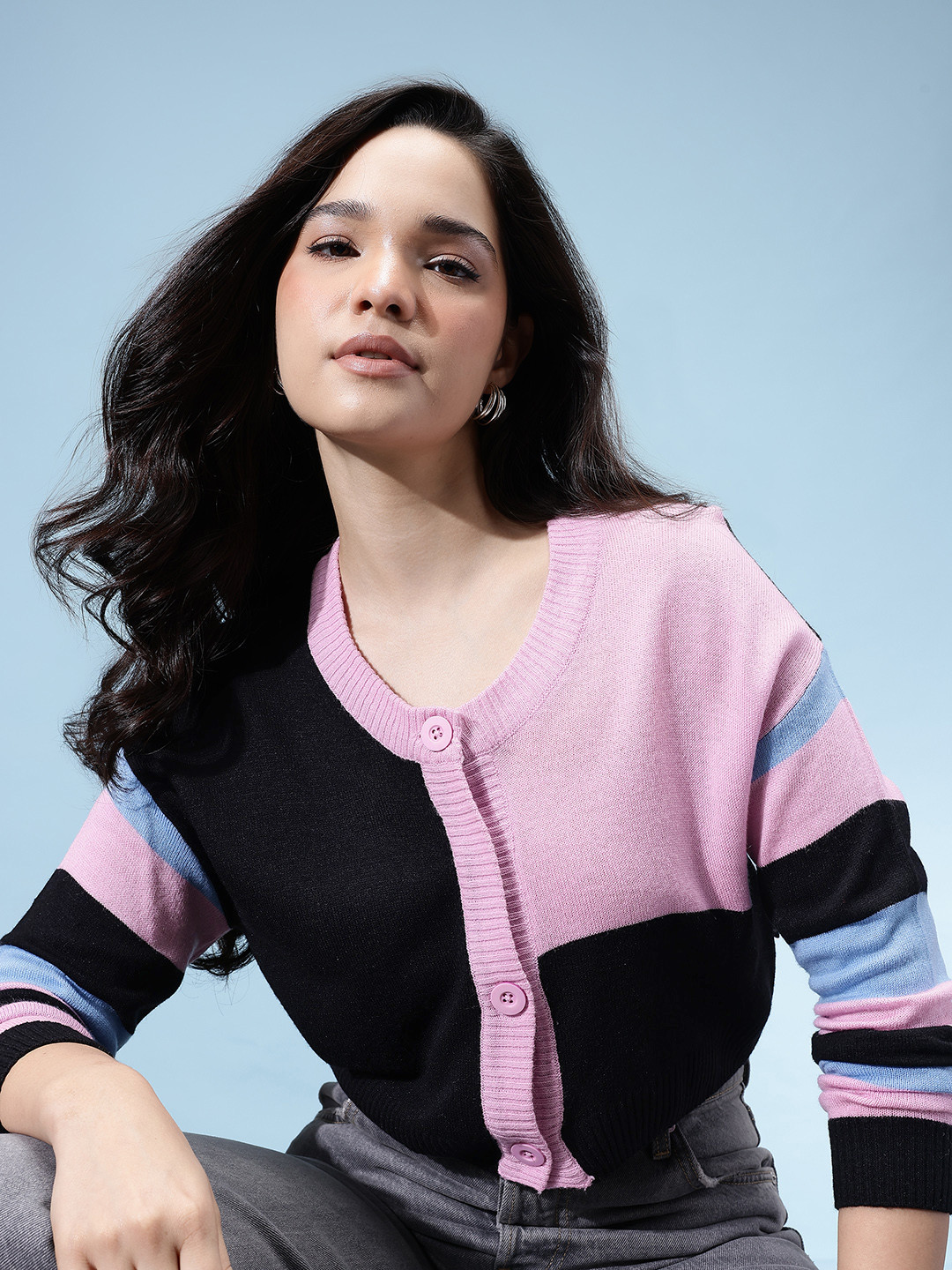 glitchez Colorblocked Oversized Crop Cardigan