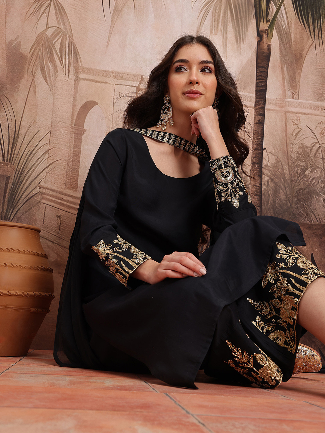 Sangria Embroidered Detail Work Kurta with Palazzos & Dupatta