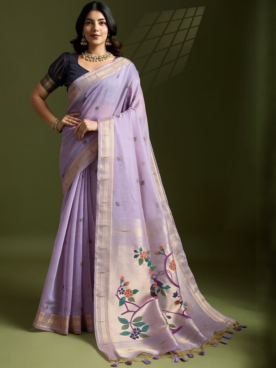 KALINI Floral Printed Woven Design Border Paithani Saree With Blouse Piece