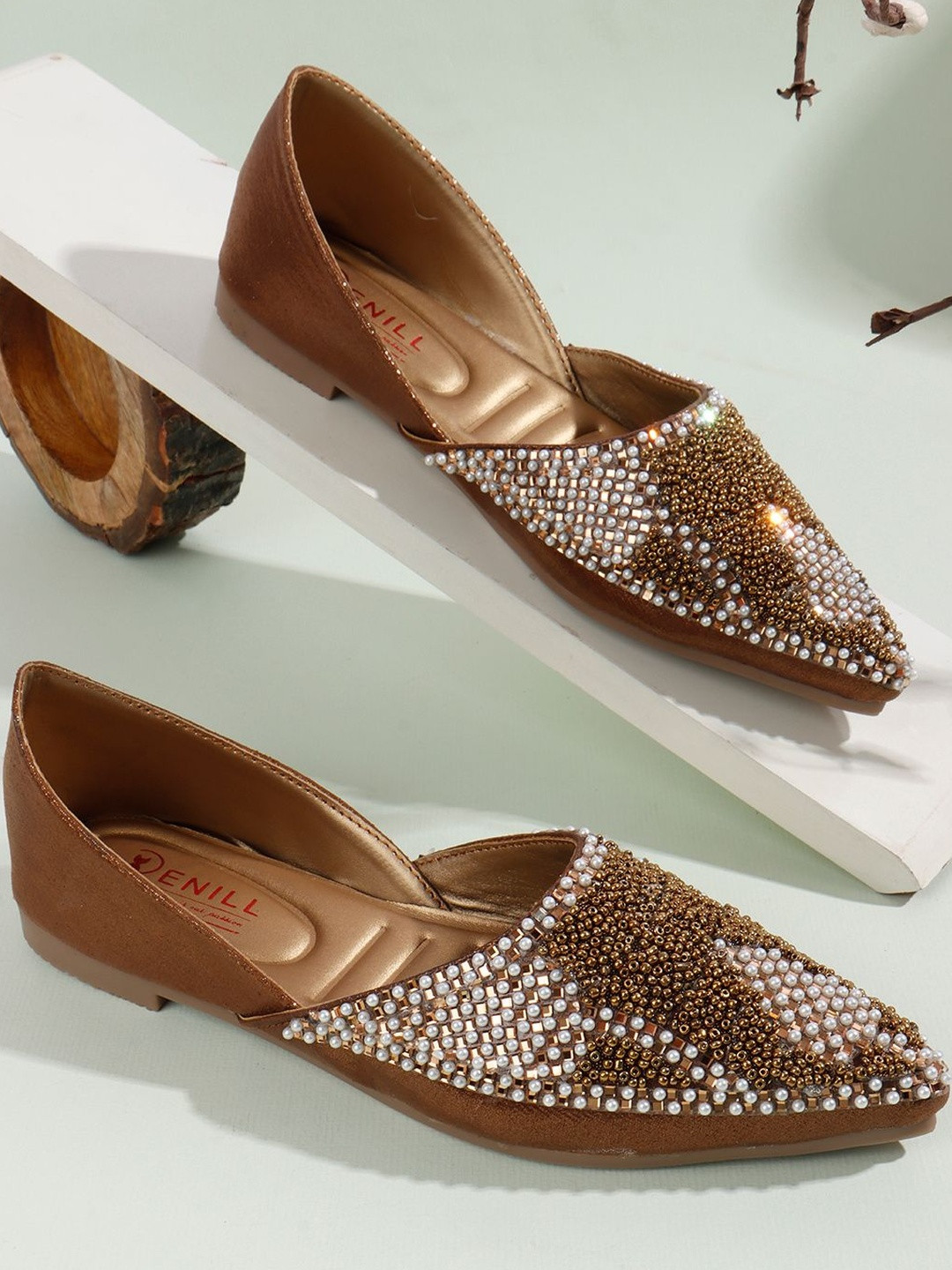 Denill Women Pointed Toe Sparkling Beaded Ballerinas Flats