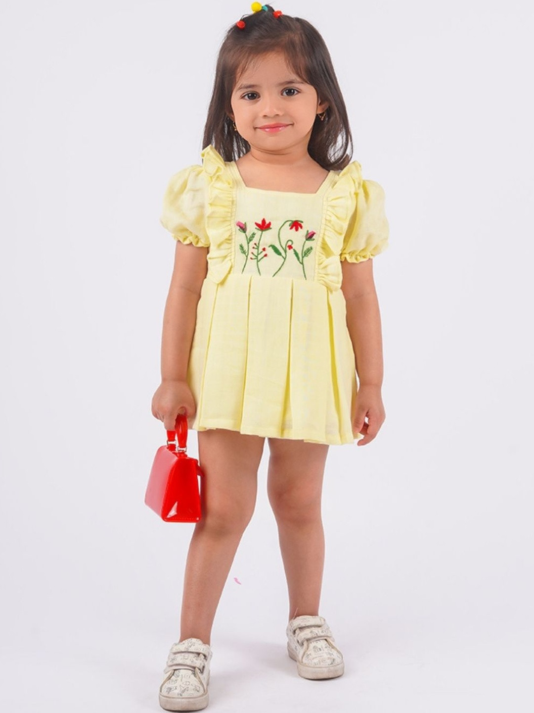 LOYZO-LOYAL TO JOY Girls Yellow Floral Embroidered Fit & Flare Dress
