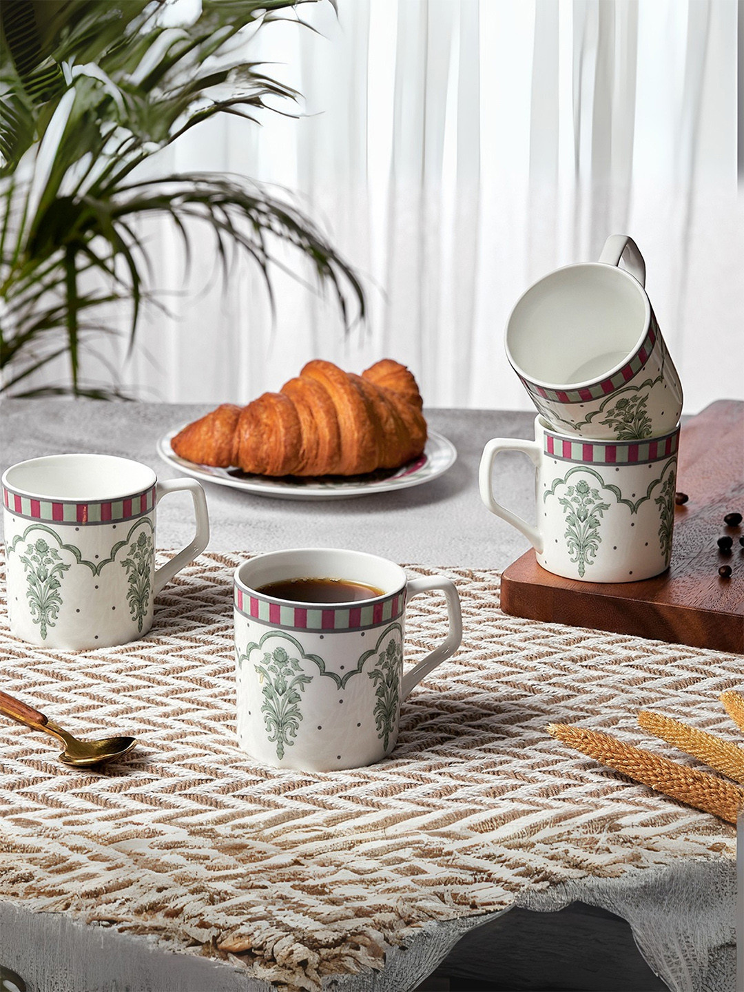 CLAY CRAFT  Director White & Green 6 Piece Printed Ceramic Cups 215ml