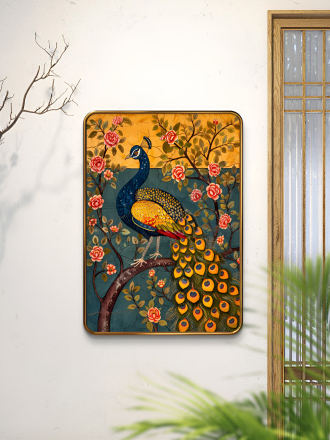 SAF Green & Yellow Peacock Sparkle Lamination Finished Wood Wall Painting