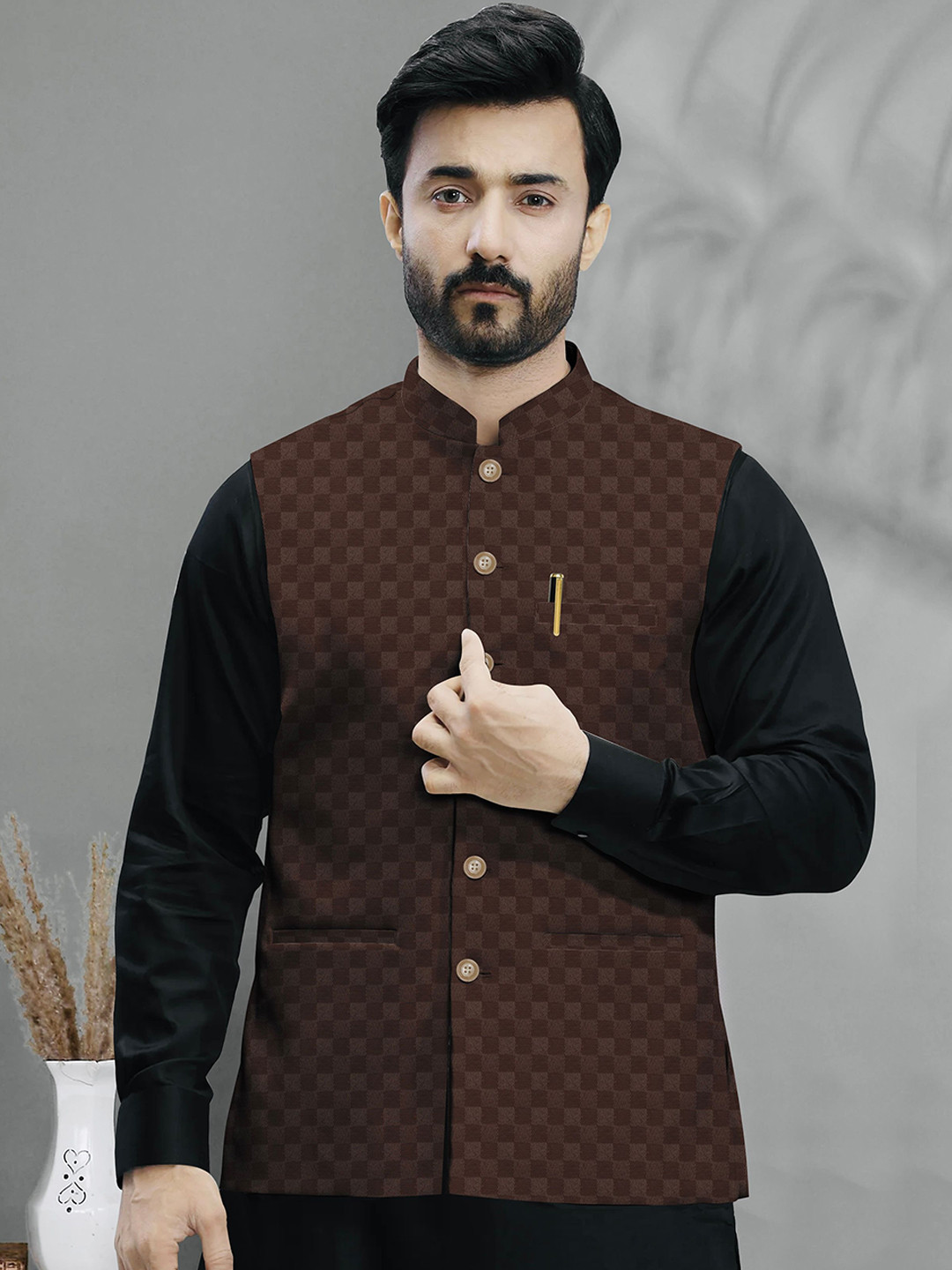 A A ENTERPRISES Woven Design Mandarin Collar Neck Nehru Jacket