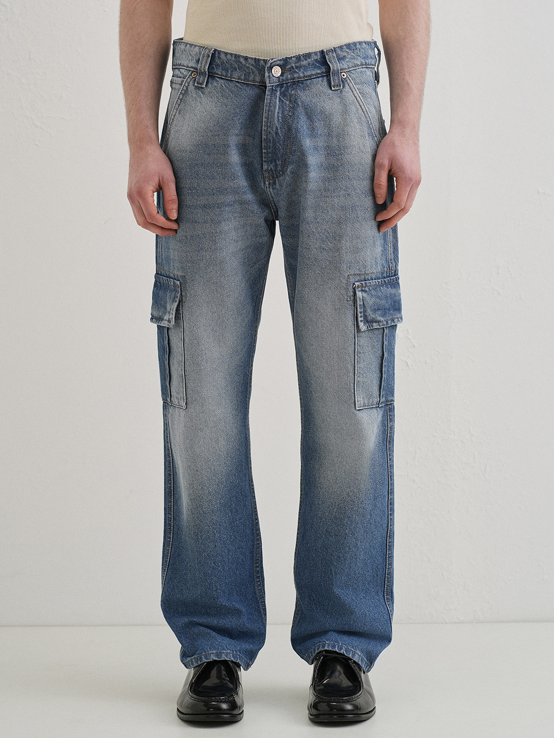 Banana Club Men Jean Baggy Fit Mid-Rise Heavy Fade Cotton Cargo Jeans