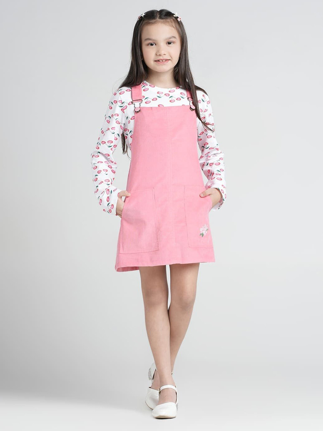 UNDER FOURTEEN ONLY Girls Floral Printed Long Sleeve Round Neck Cotton Pinafore Dress