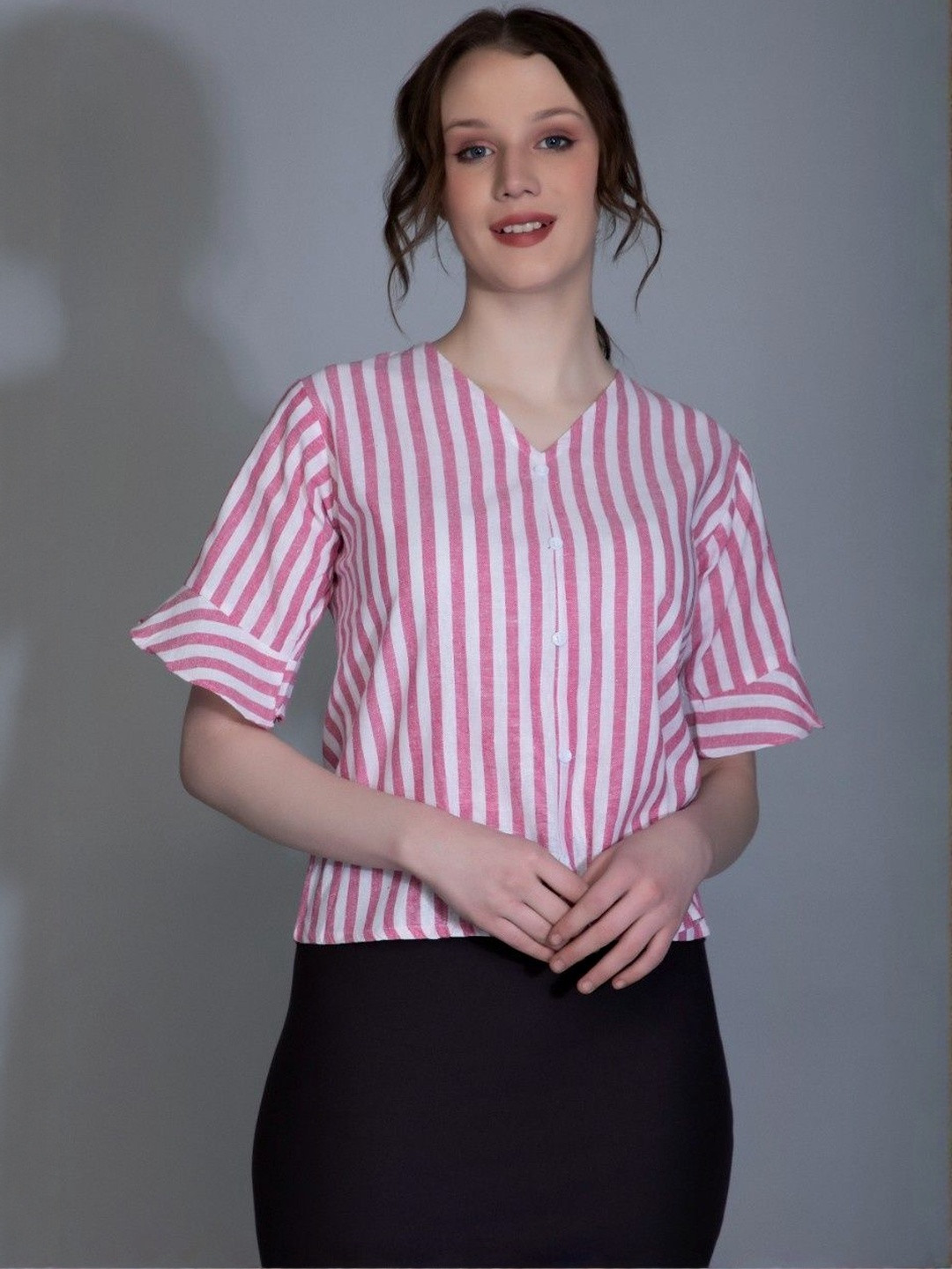 LERIYA FASHION Women Pink & White Vertical Stripes Casual Top