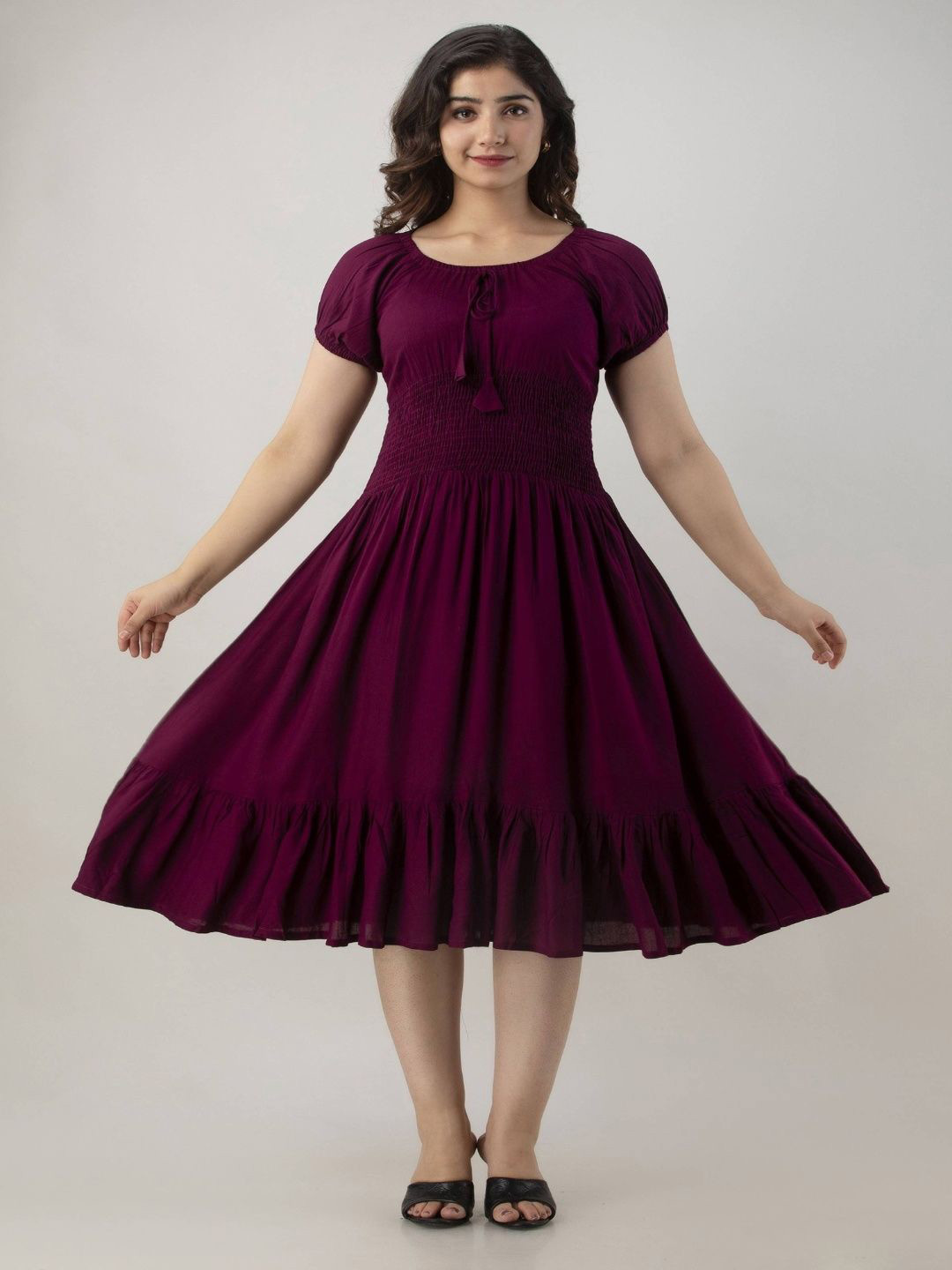 JIYANSH SHOP solid Smocked Puff Sleeve Fit & Flare Midi Dress