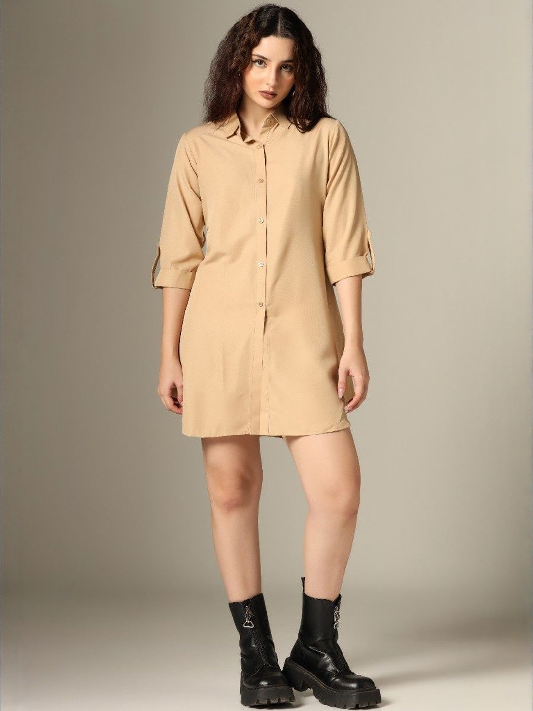 LERIYA FASHION Shirt Collar Roll-Up Sleeves Mini Dress