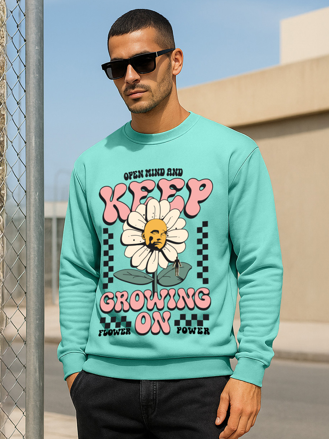 VEIRDO Men Green Typographic Print Cotton Fleece Round Neck Oversized Pullover Sweatshirt
