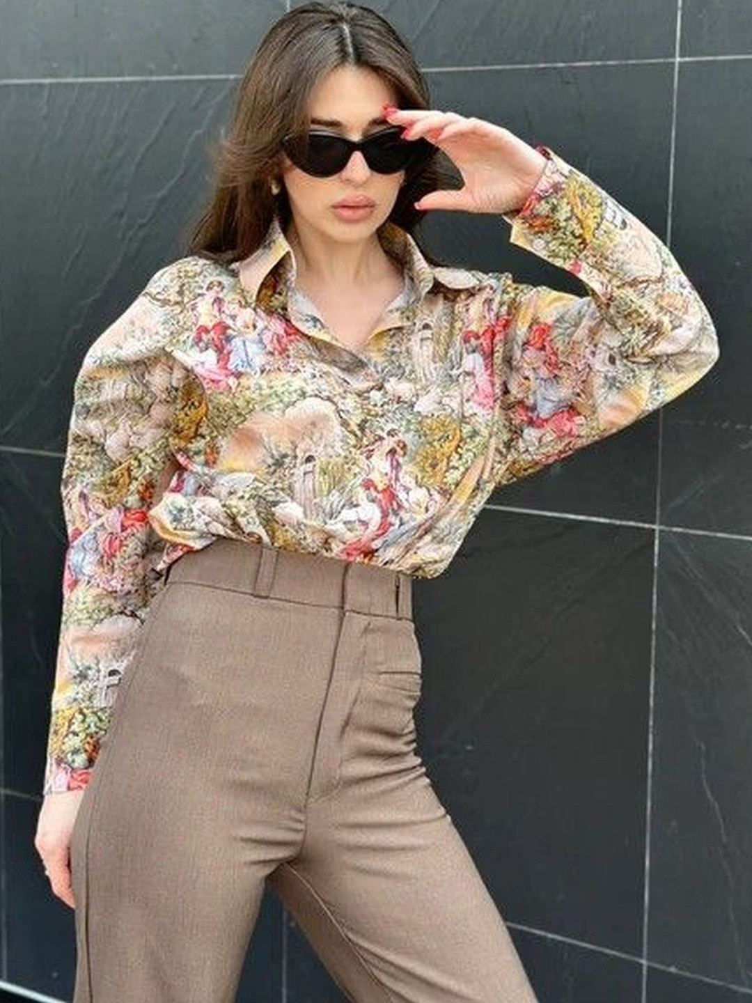 LERIYA FASHION Women Beige Printed Button-Up Casual Shirt