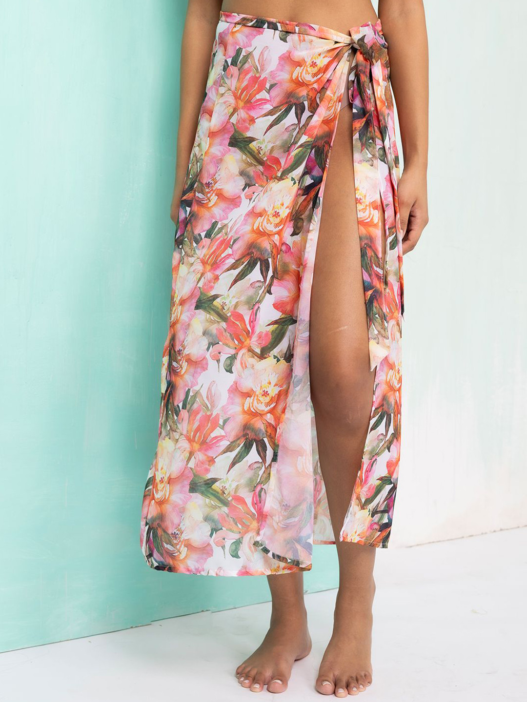 Aoba  Tropical Floral Printed Belted Georgette Sarong Swimwear Cover-Up Bottom
