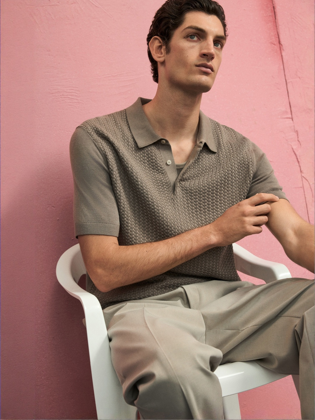 H&M Slim Fit Cable-Knit Polo Shirt