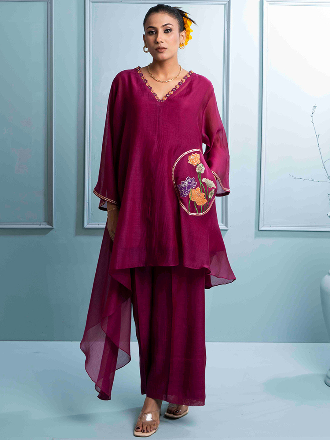 The White Tree Studio Embroidered V-Neck Chanderi Cotton Tunic & Trousers With Inner