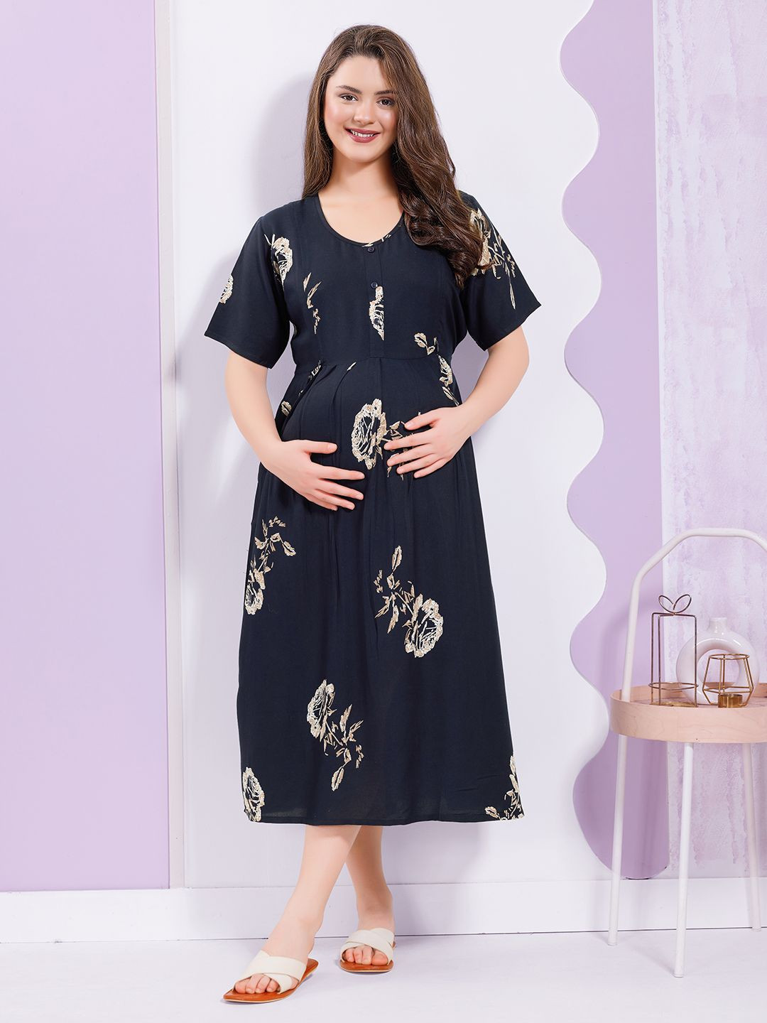QUIRA Floral Printed Maternity A-Line Midi Maternity Maternity Dress