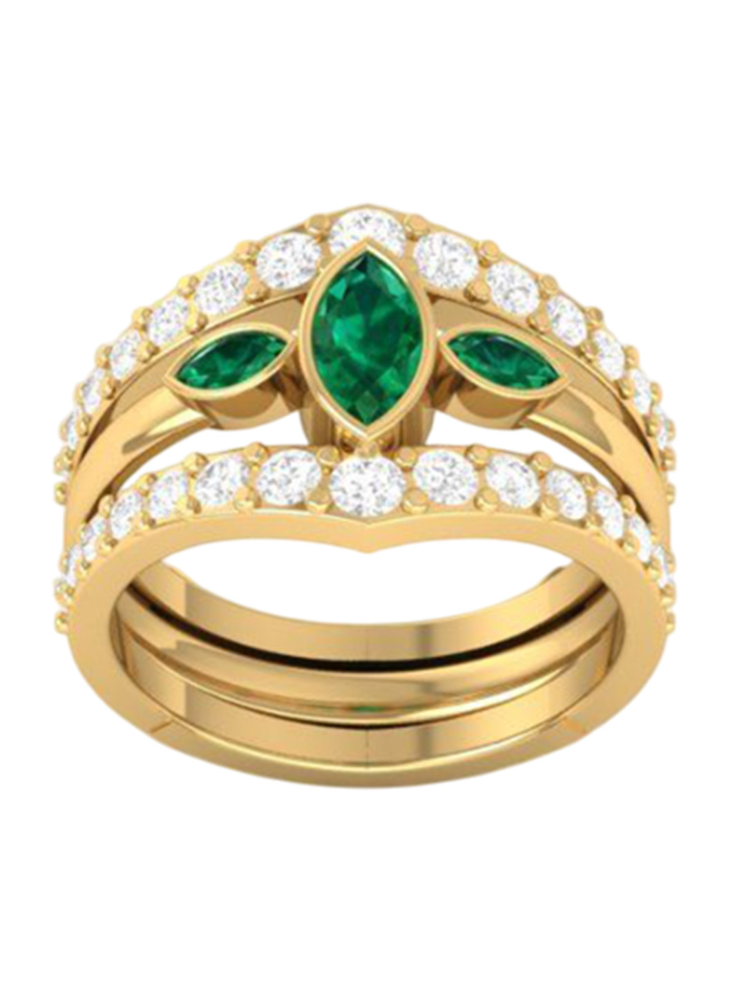 Eddicted 925 Sterling Silver 4K Gold-Plated Emerald & AD Studded Finger Ring