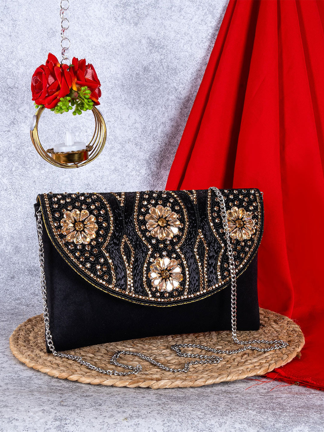 QANISHA Embroidered Suede Envelope Clutch
