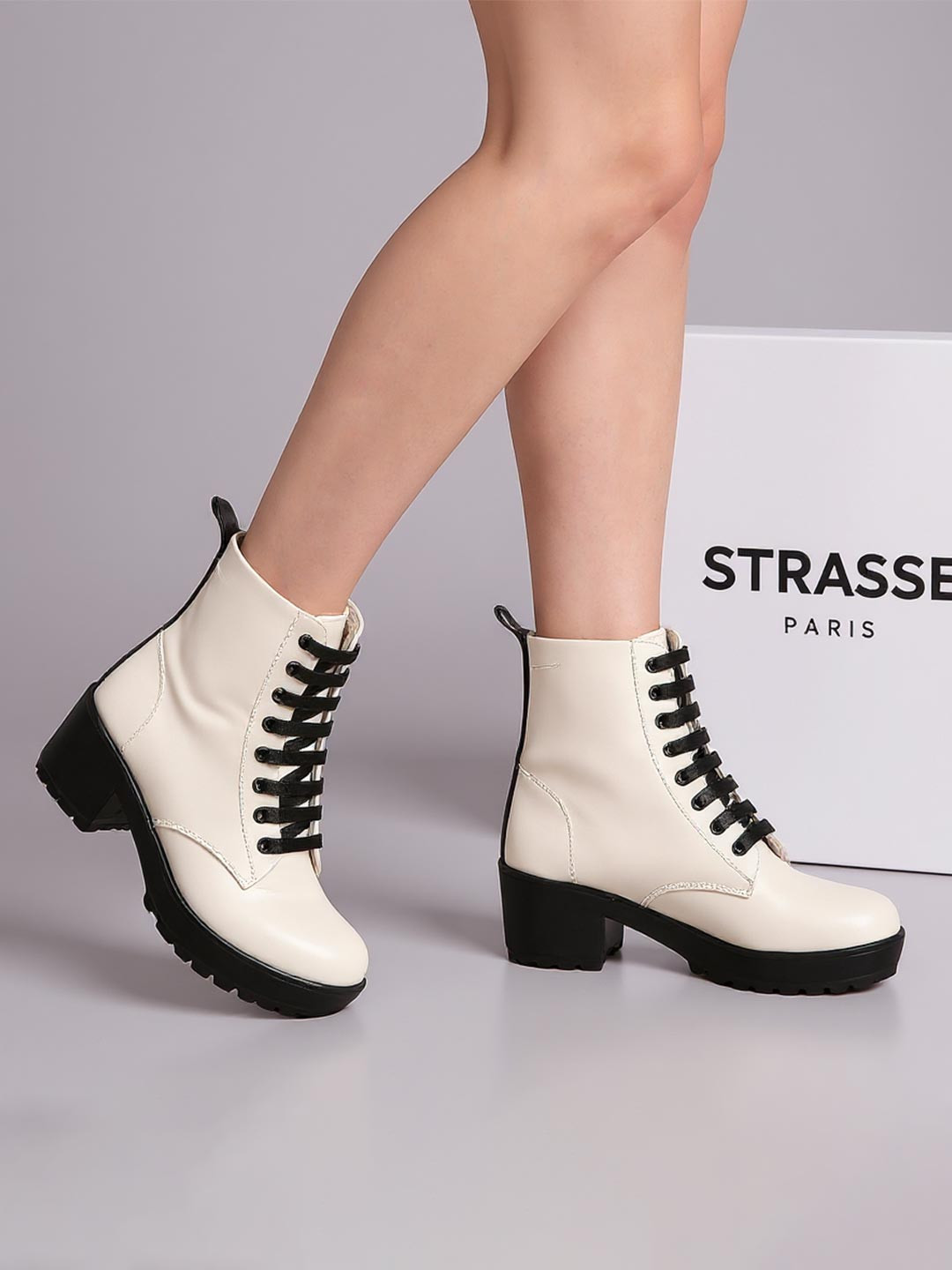 STRASSE PARIS Women Lace-Up Ankle Boots With Chunky Sole