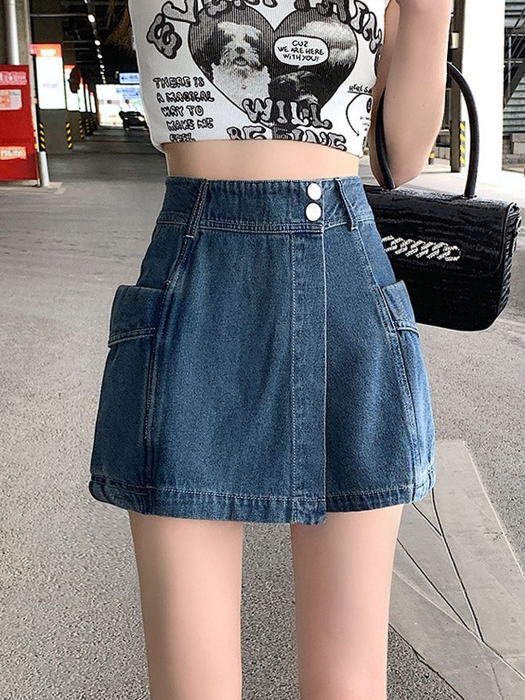 LULU & SKY Women Loose Fit High-Rise Denim Skort With Utility Pocket