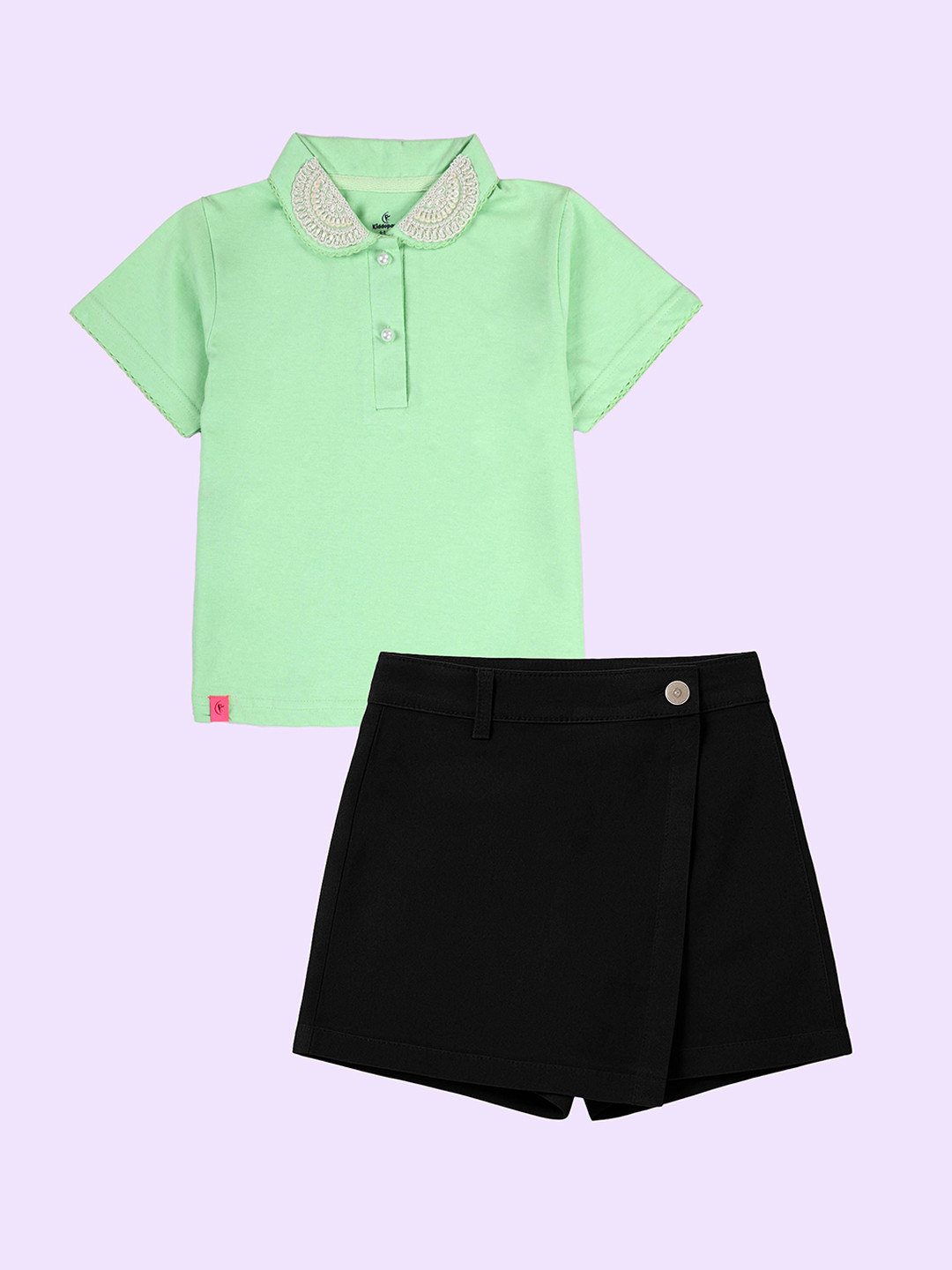 KiddoPanti Girls Solid Embellished Polo T-Shirt With Over Lap Skirt