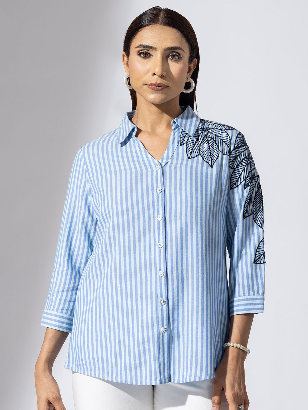 Mustard Women Striped Roll-Up Sleeves Embroidered Detail Shirt Style Top