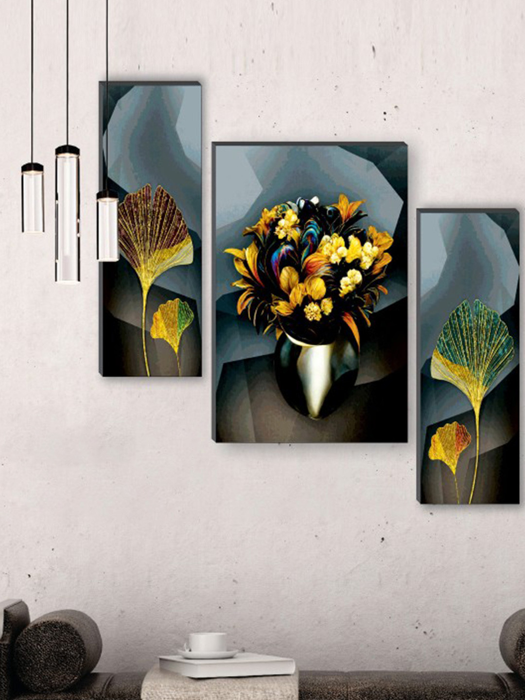 SAF Grey & Yellow 3-Pcs Pretty Flower Pot Painted UV Textured Self Adhesive Wall Art
