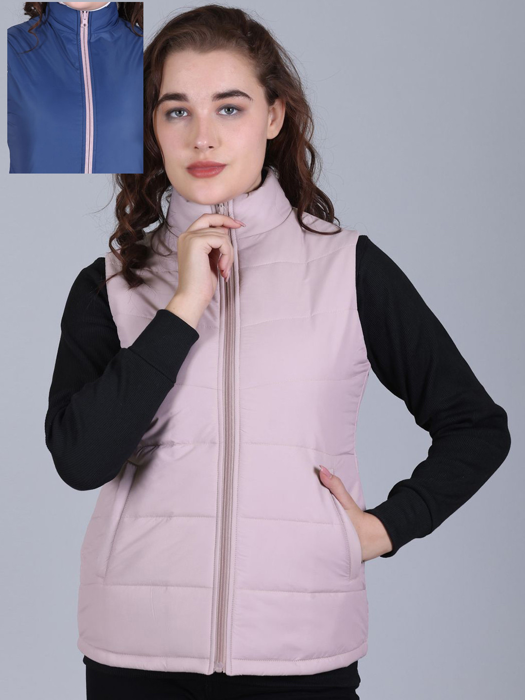 Rare Times Women Mock Collar Solid Reversible Gilet Jacket
