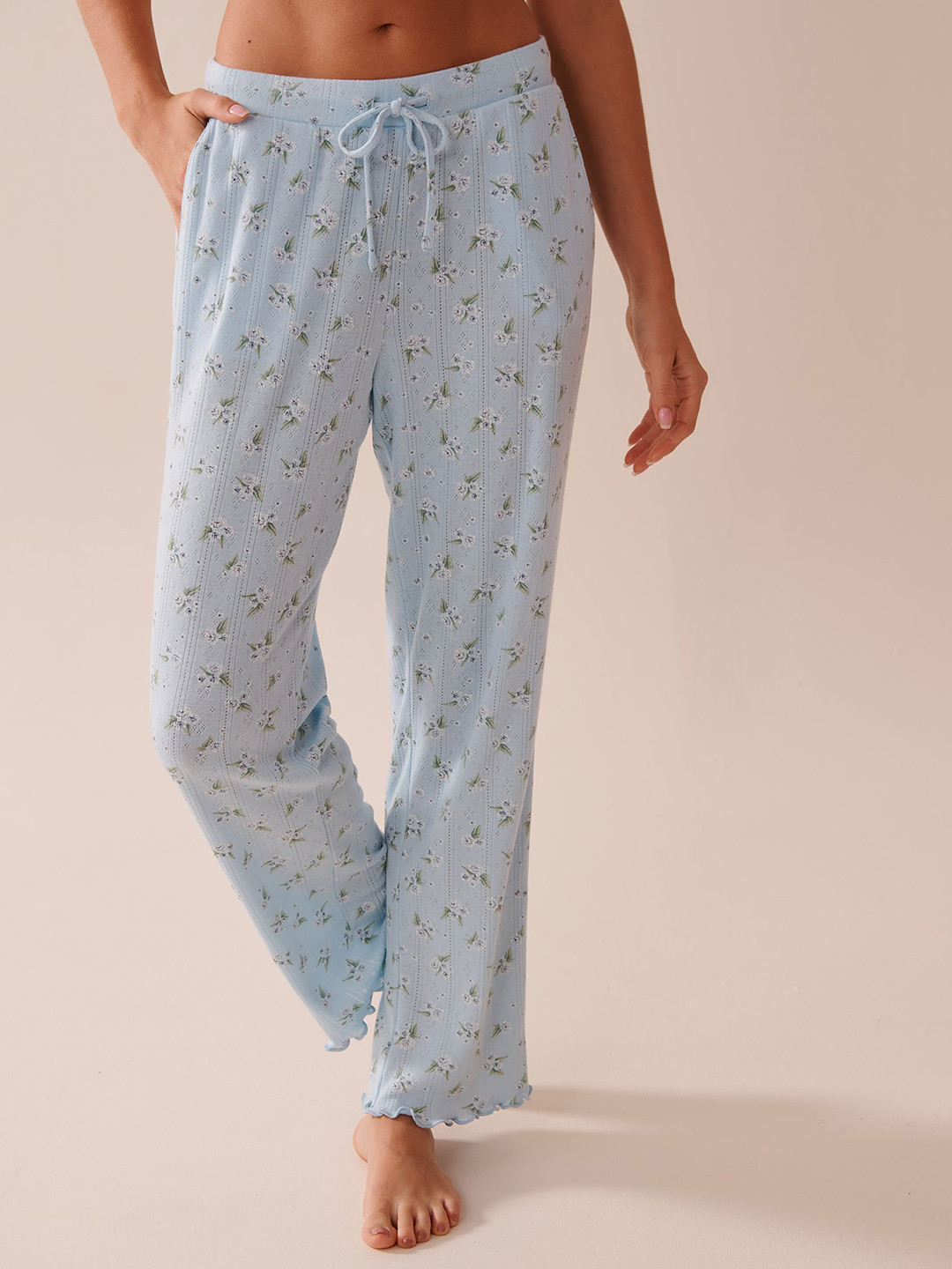 La Vie en Rose Women Floral Print Lettuce Edge Pointelle Lounge Pants