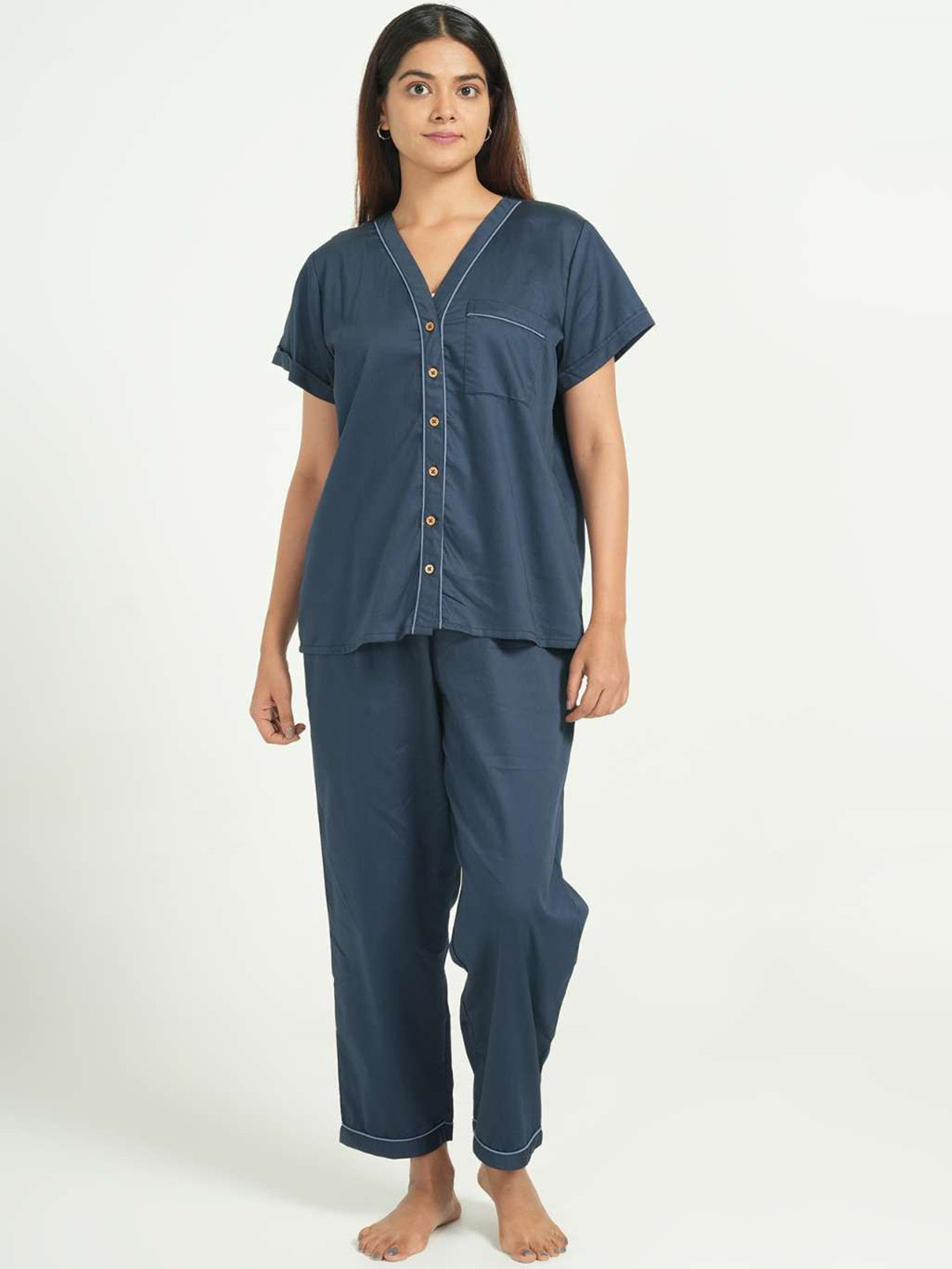 BREATHABLES Women V-Neck Shirt Drawstring Pyjamas Night suit