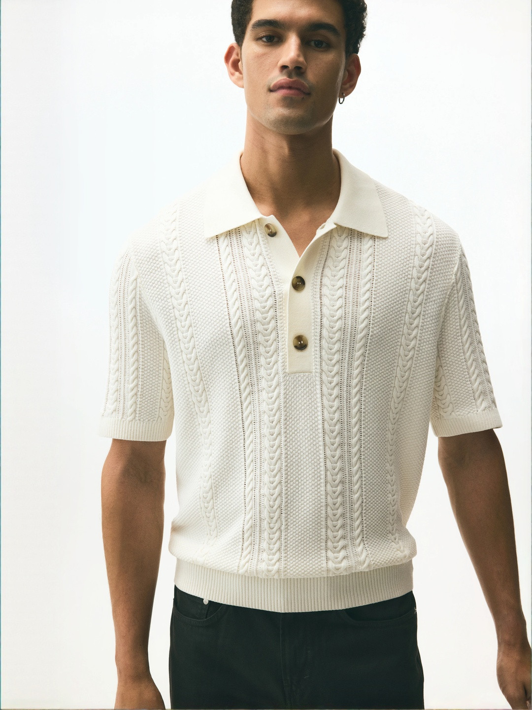 H&M Regular Fit Cable-Knit Polo Shirt