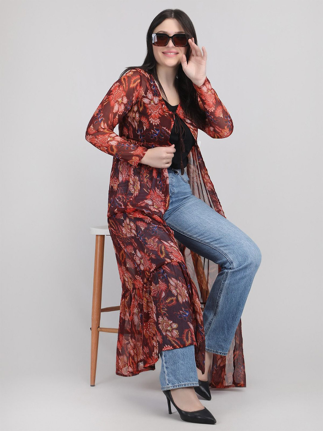 AB Collection Printed V-Neck Longline Shrug