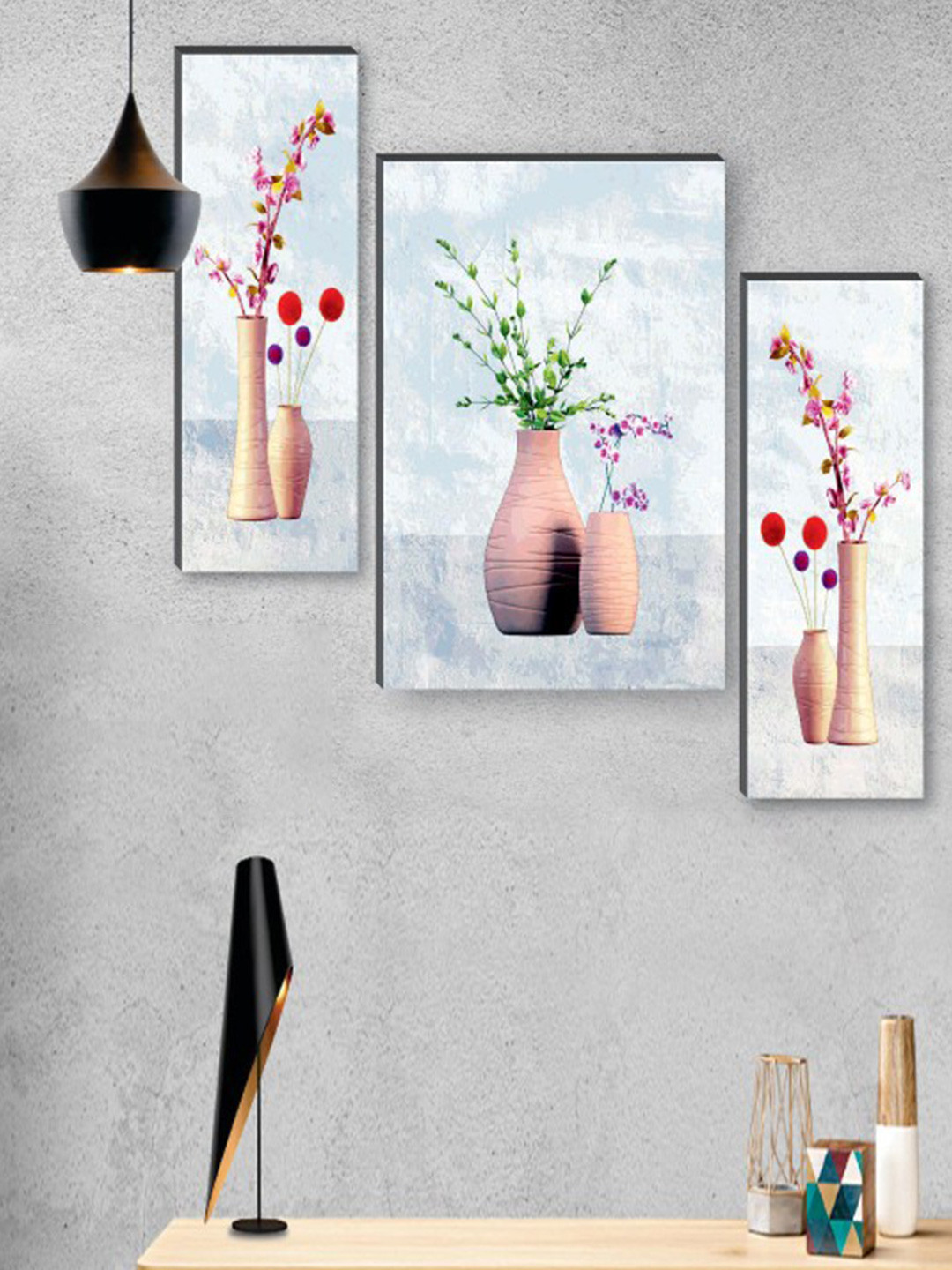 SAF White & Pink 3-Pcs Preety Flower Pot UV Textured Self Adeshive Frame Painting Wall Art