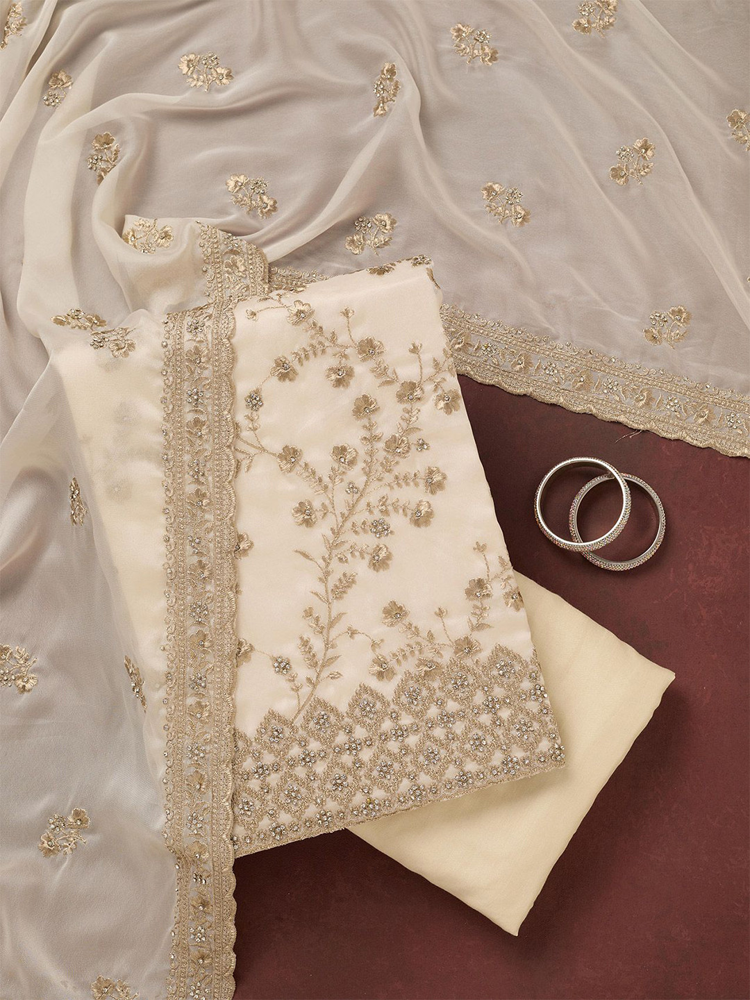 Koskii Floral Embroidered Thread Work Zardozi Unstitched Dress Material