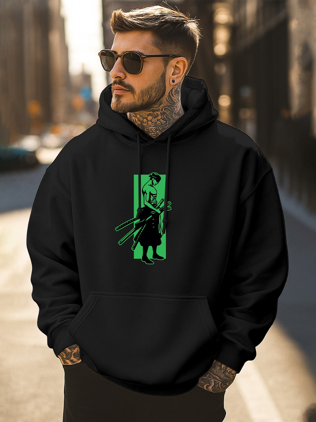 Triptee Men Roronoa Zoro Anime Printed Hooded Pullover Sweatshirt