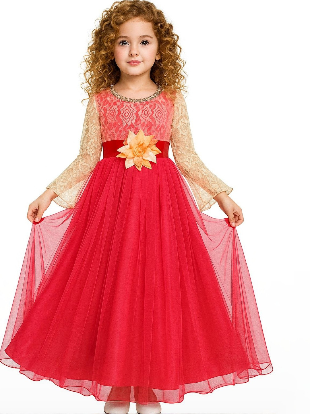 My Lil Princess Girls Red & Beige Floral Embellished Round Neck A-Line Maxi Net Dress