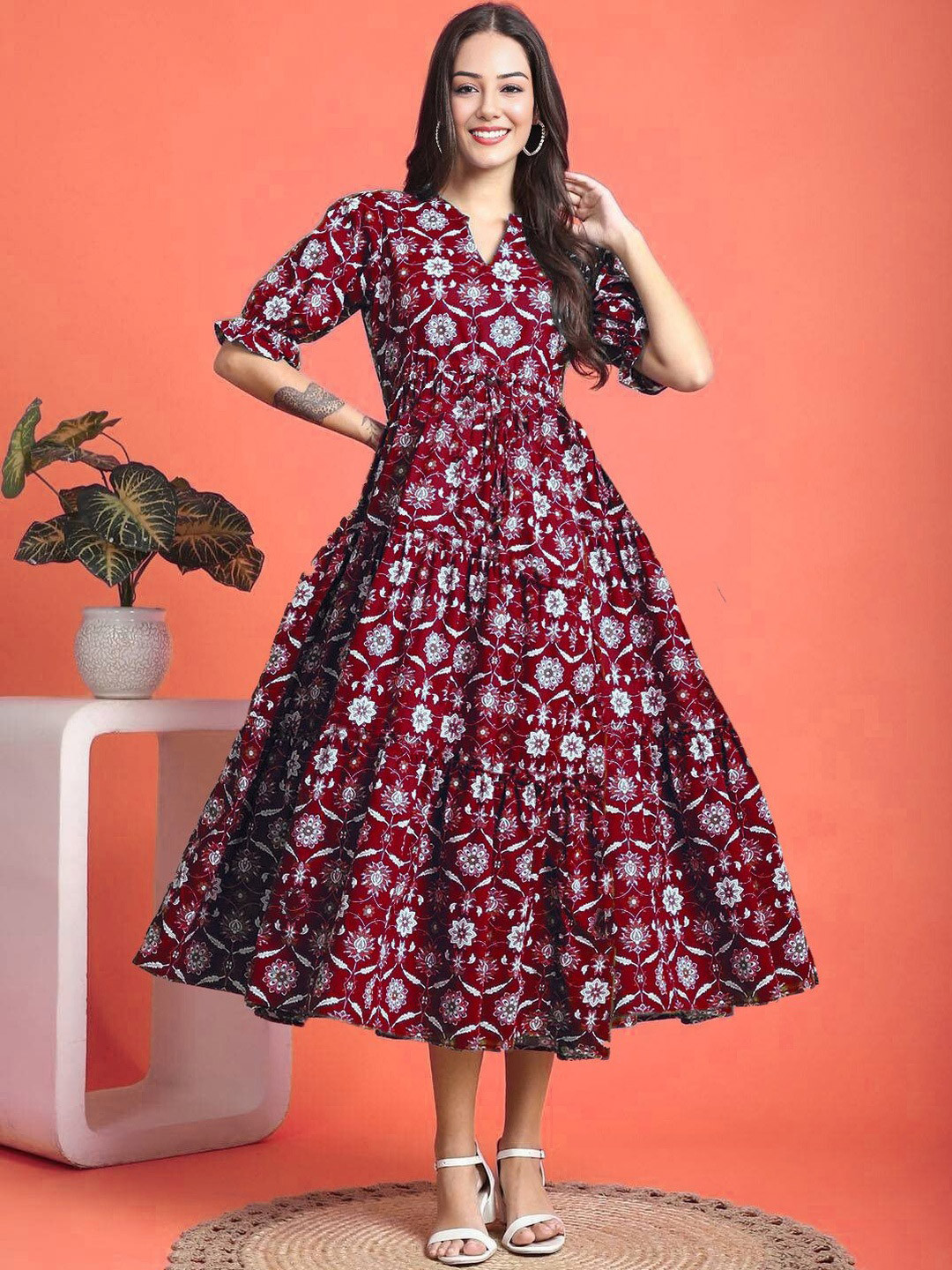 PRESHA Women Floral Printed Tiered Fit & Flare Midi Dress