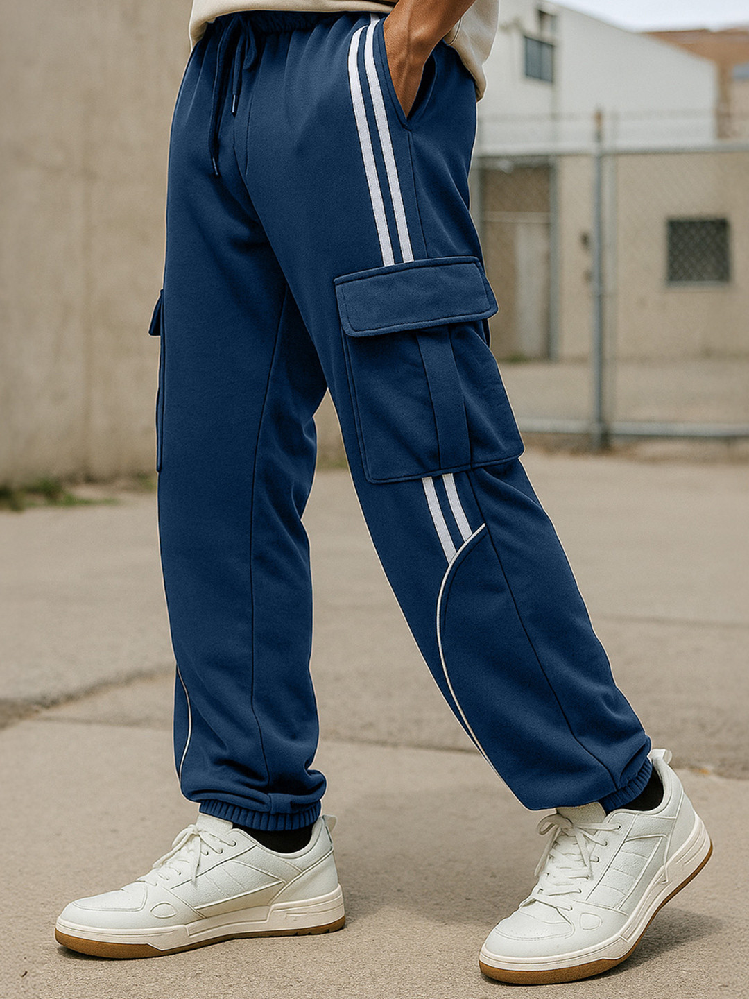 VEIRDO Men Solid Navy Relaxed Fit Mid-Rise Straight Leg Pure Cotton Track Pants