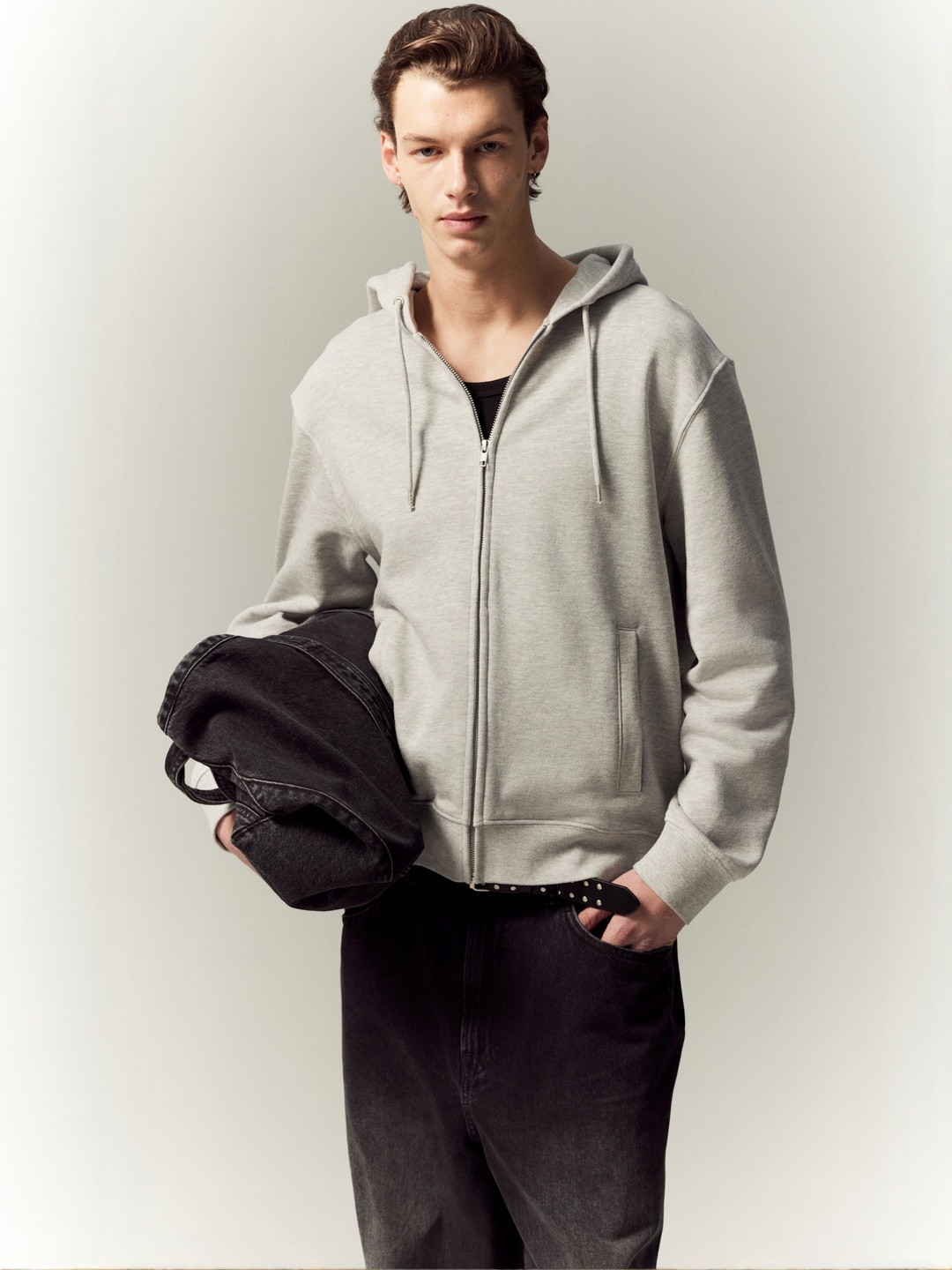 H&M Men Grey Regular Fit Zip-through hoodie
