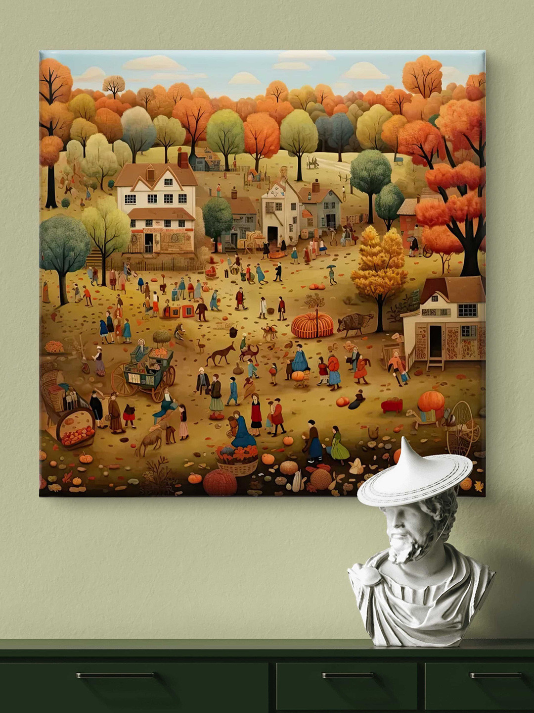 SAF Wooden Framed  Village Theme Canvas Wall decor Painting