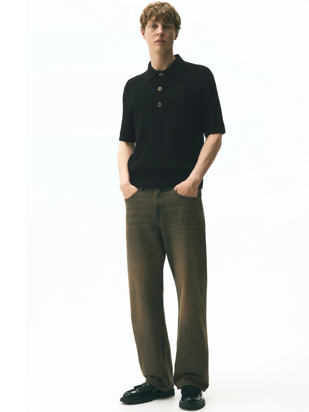 H&M Regular Fit Cable-Knit Polo Shirt