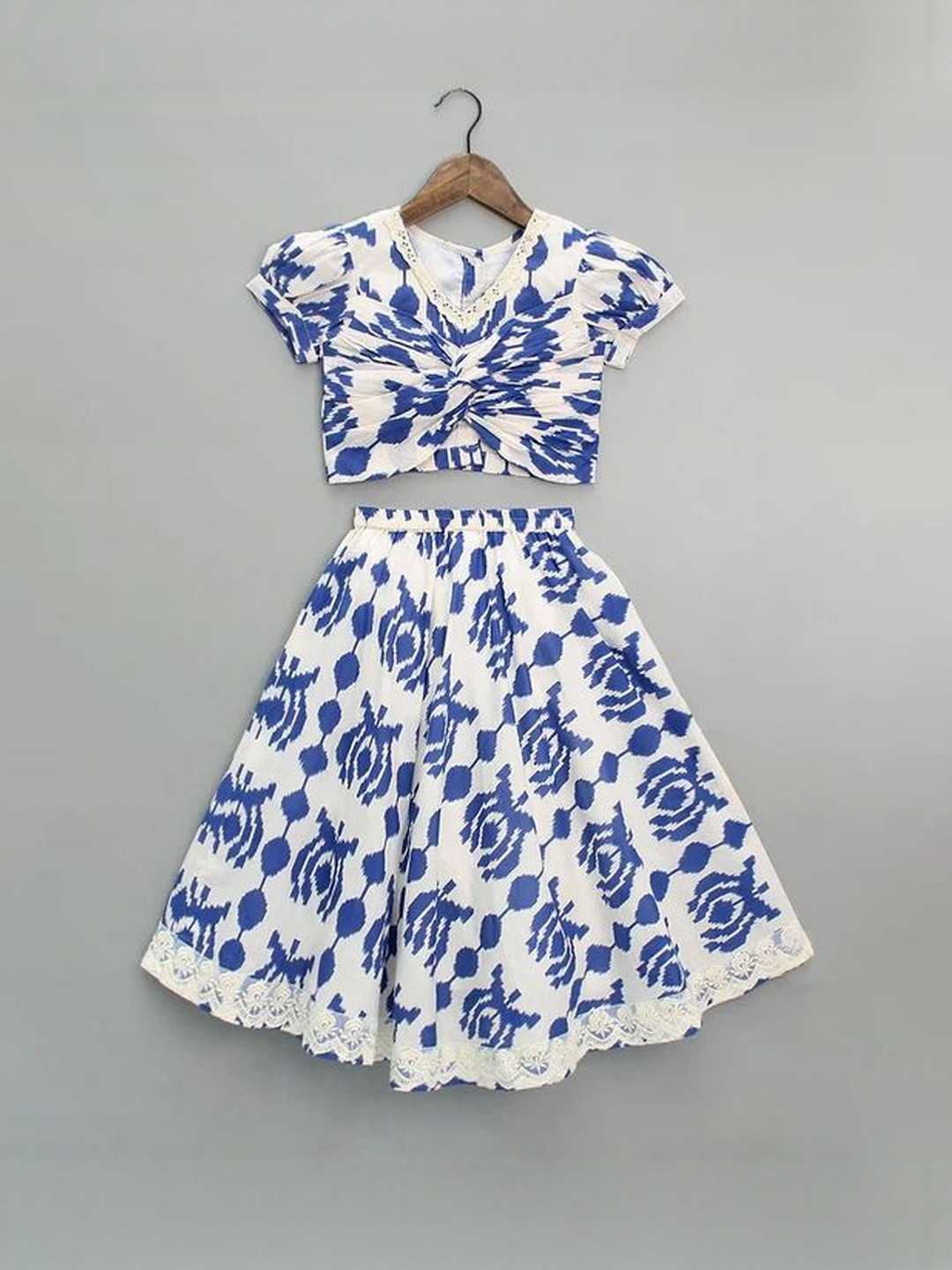 Leons Fab Girls Printed Tie Side Blouse Top Ruffle Trim Lehenga Set