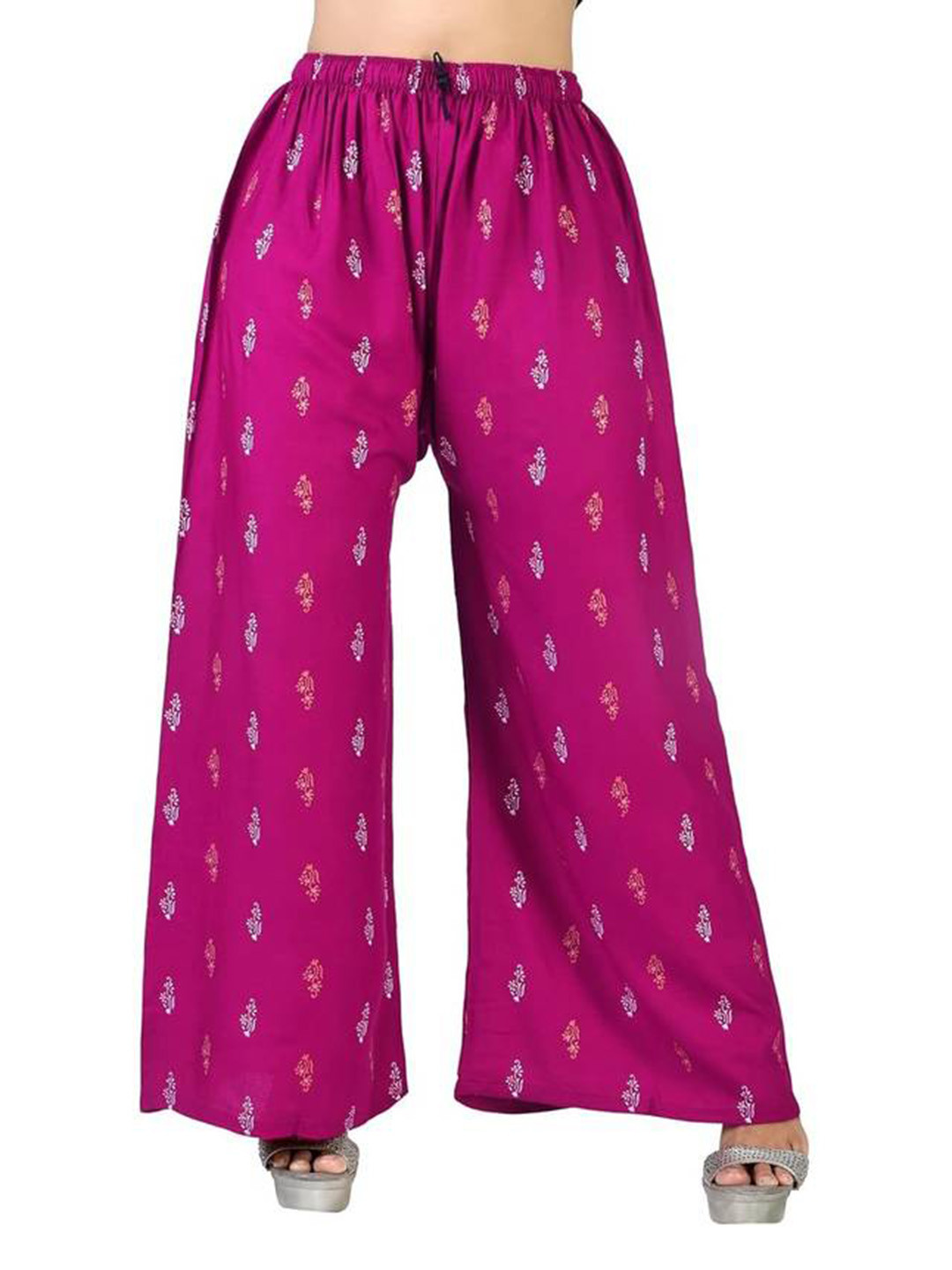 KIROTO Women Pink Floral Printed Cotton Drawstring Wide Leg Casual Palazzos
