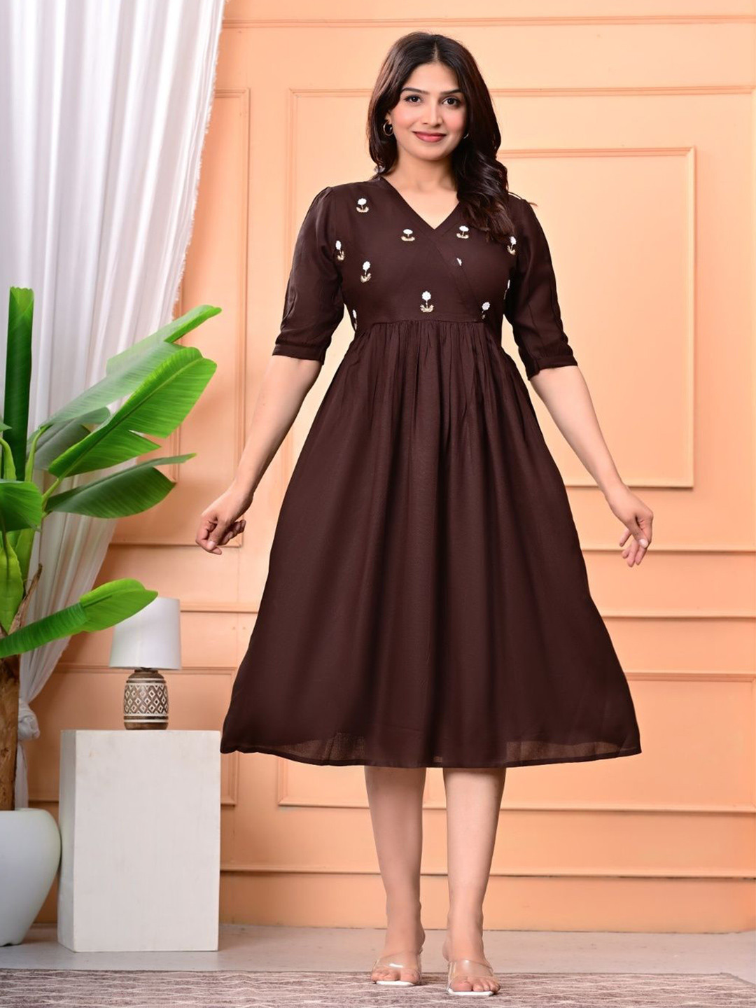 Colorful Collection Women Floral Embroidered Gathered or Pleated V-Neck Fit & Flare Dress