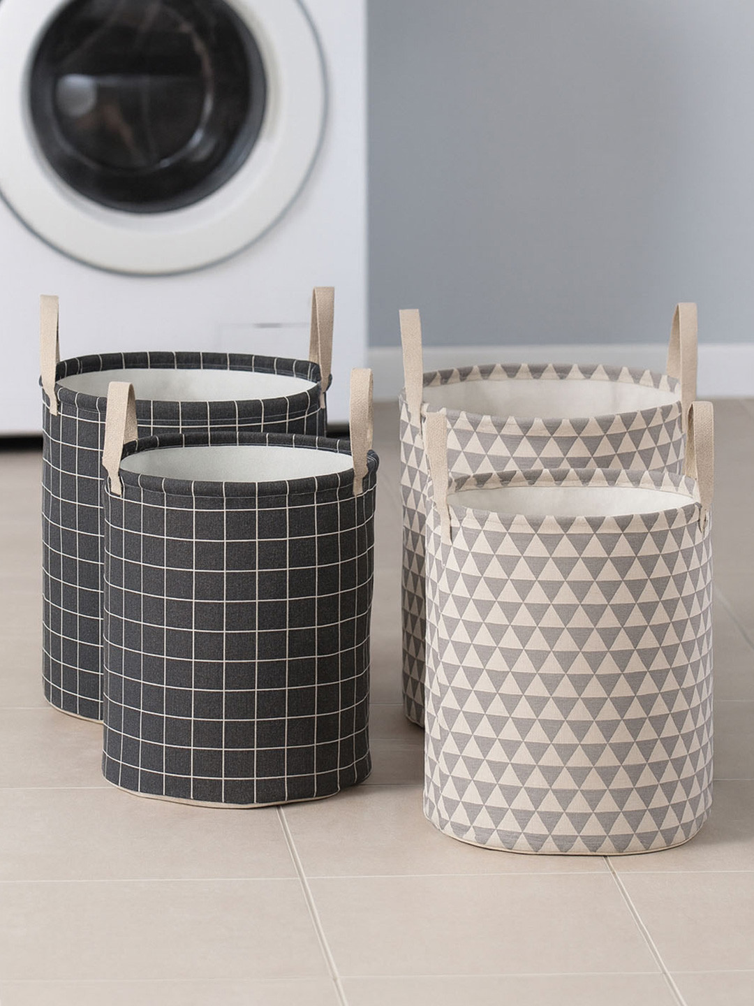 Aura 4Pcs Dark-Grey & Grey Printed Foldable Laundry Bag With Handle - 60 L