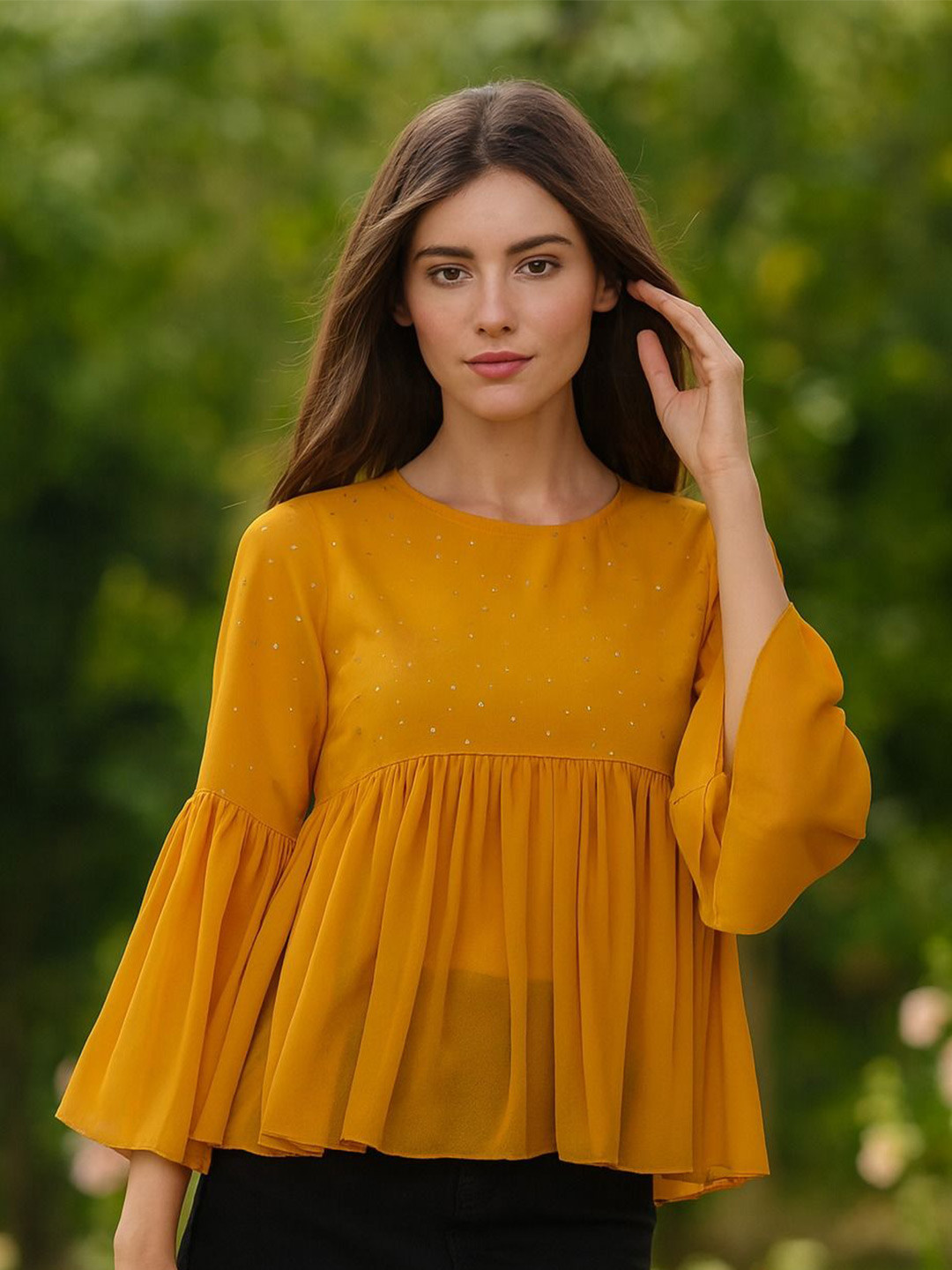4WRD by Dressberry Women Embellished Bell Sleeve Peplum Top