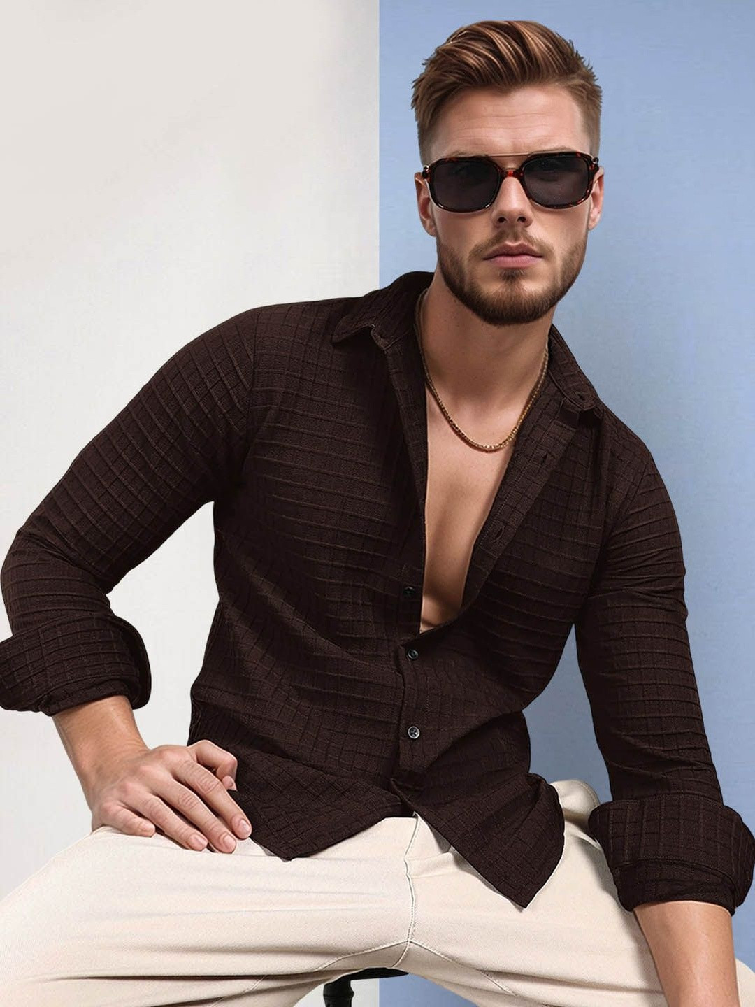 SZN Men Spread Collar Polyester Long Sleeve Regular Shirt