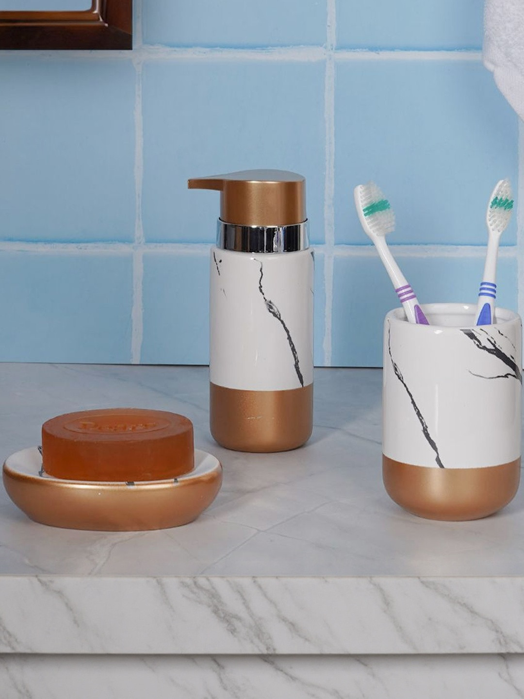 Aarvi Decor Set of 3 Soap Case Toothbrush Holder and Soap Dispenser Bathroom Organizer