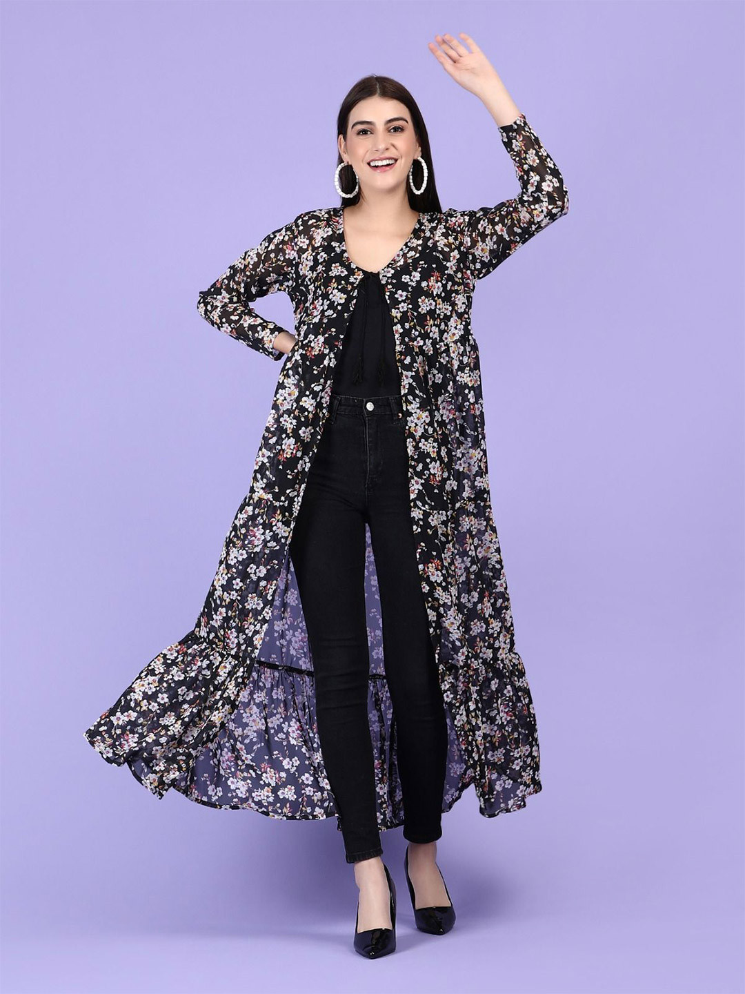 AB Collection Printed V-Neck Longline Shrug