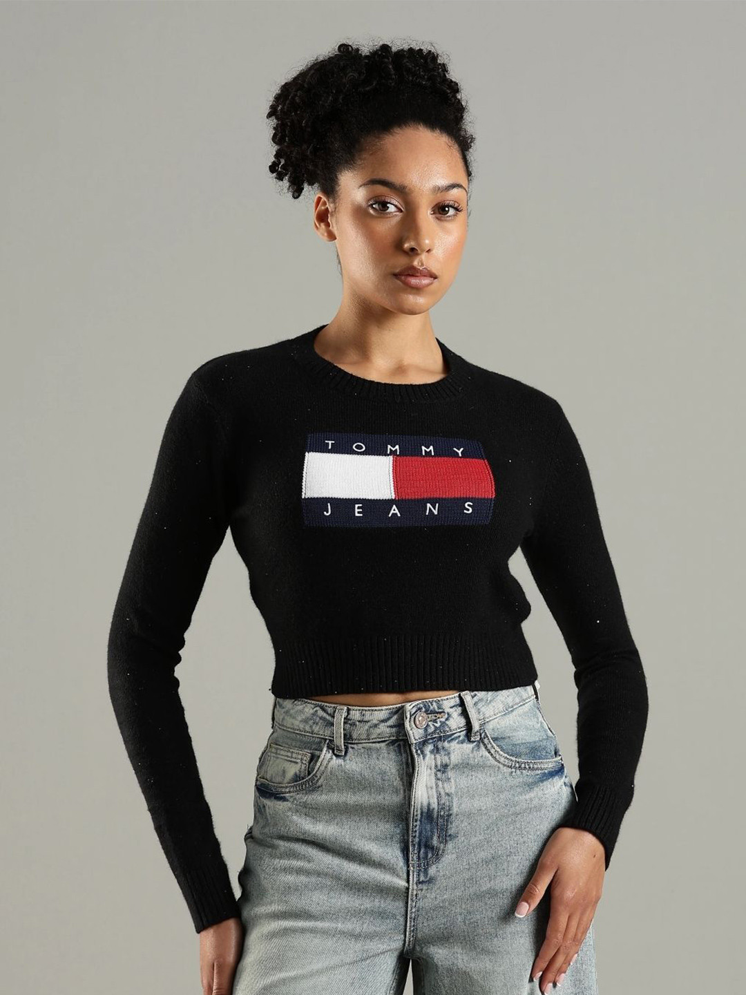 Tommy Hilfiger Women Brand Logo Embroidered Crew Neck Crop Pullover