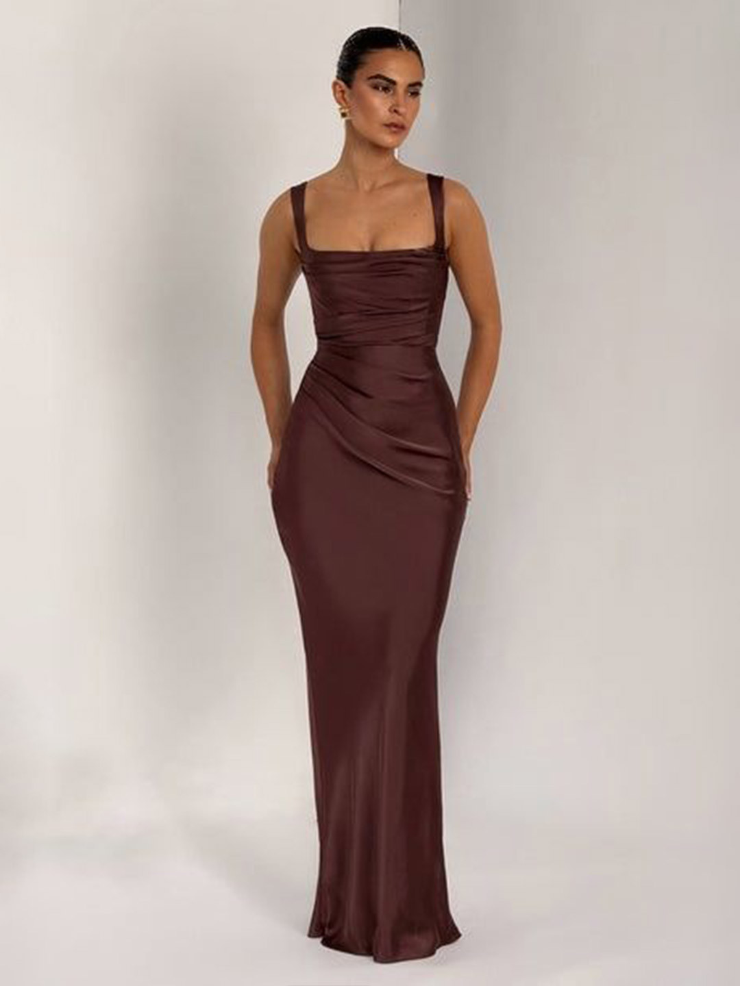 Bee Boe Women Liora Satin Plum Brown Bodycon Maxi Dress